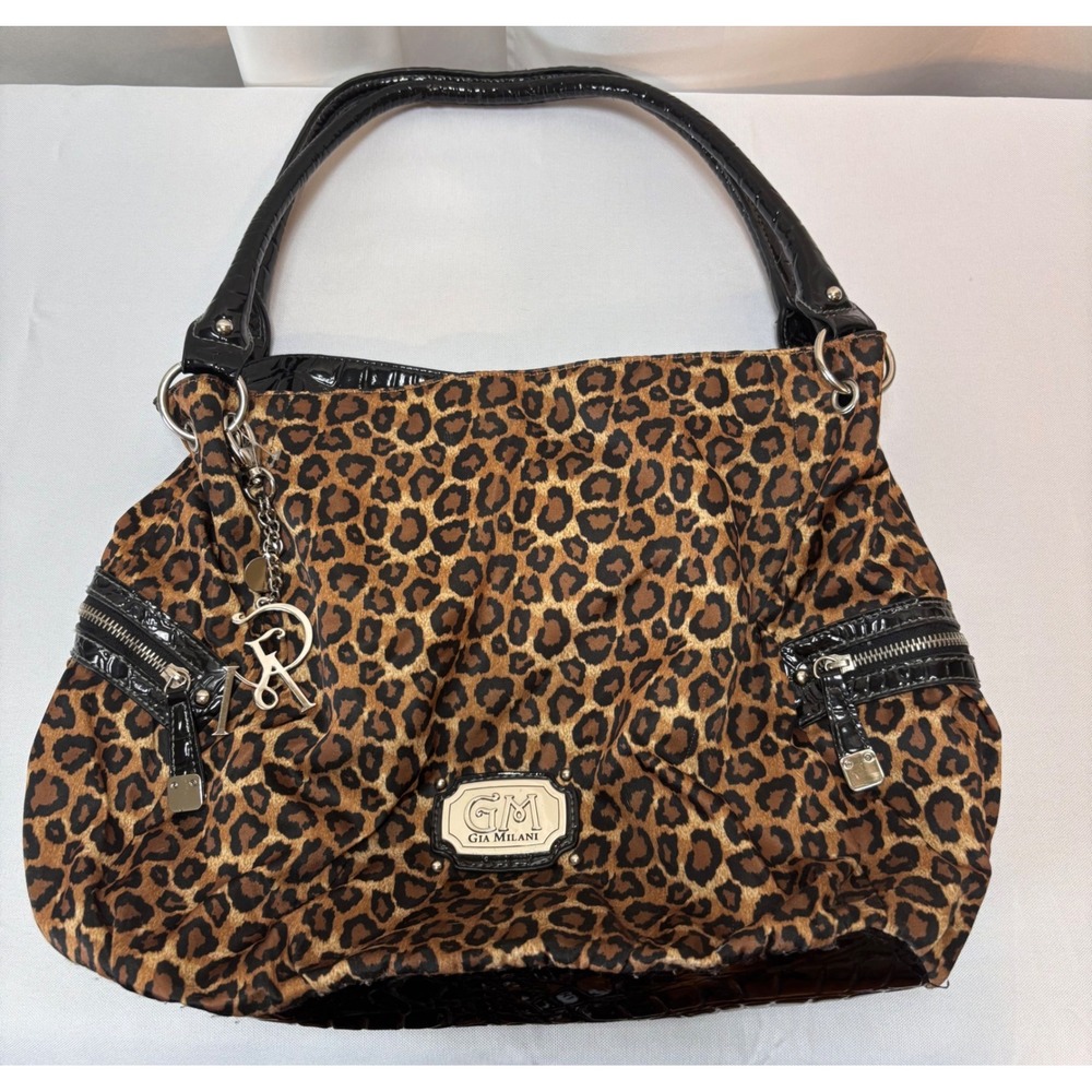 Gia Milani Leopard Print Satchel Purse Hobo Bag Designer Charm‎